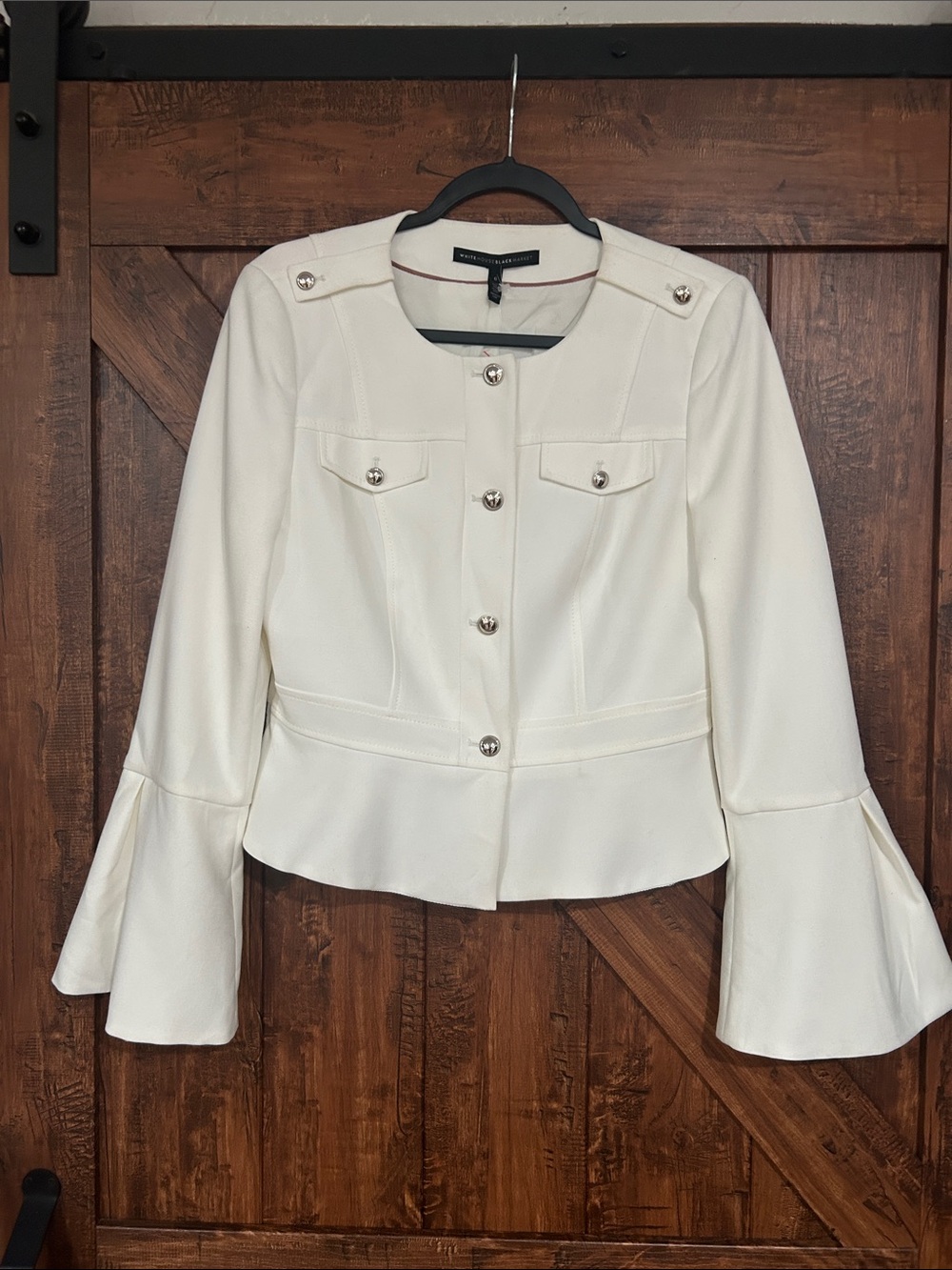 White House Black Market Cream Button-Front Peplum Blazer with Bell Sleeves